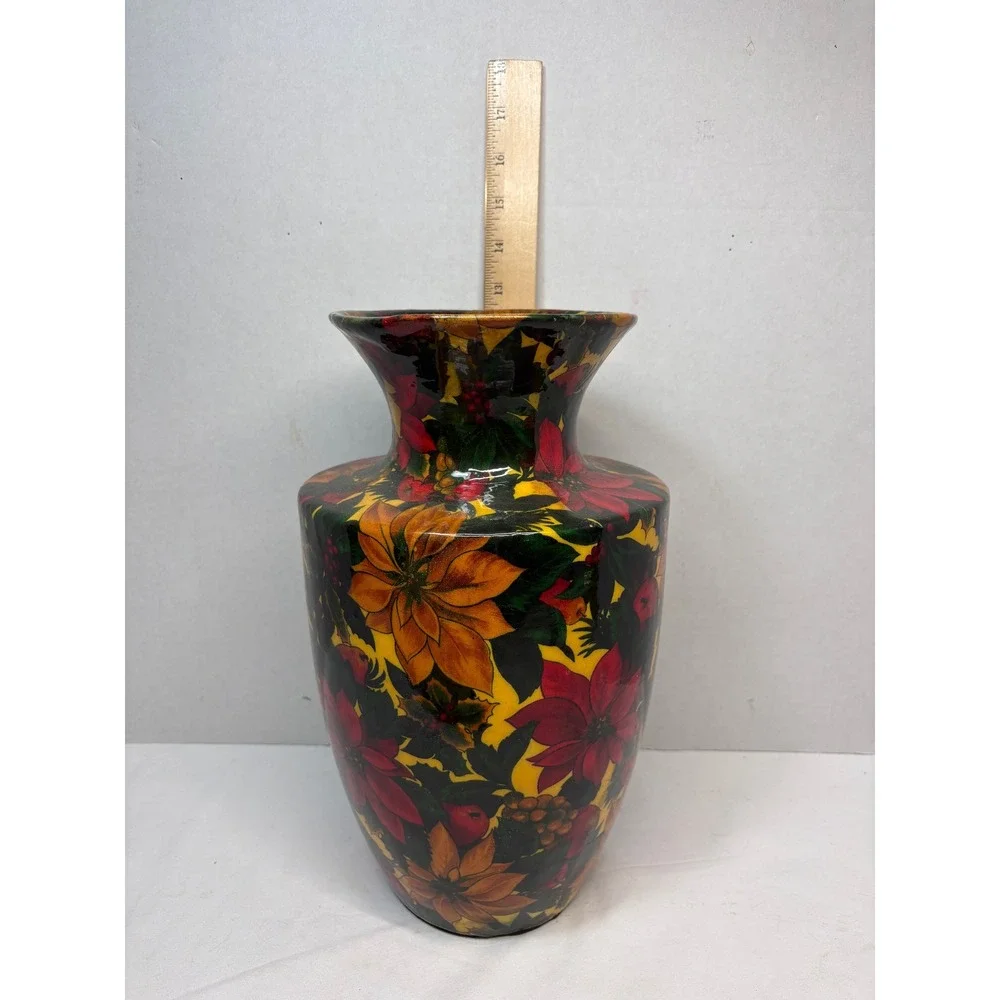 Poinsettia Floral Vase Multicolor Glossy Ceramic 12 Inch Christmas